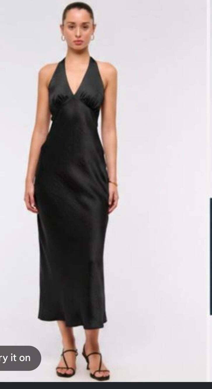 Abercrombie Satin Halter Midi Dress Size Large Petite Black Event Wedding Formal